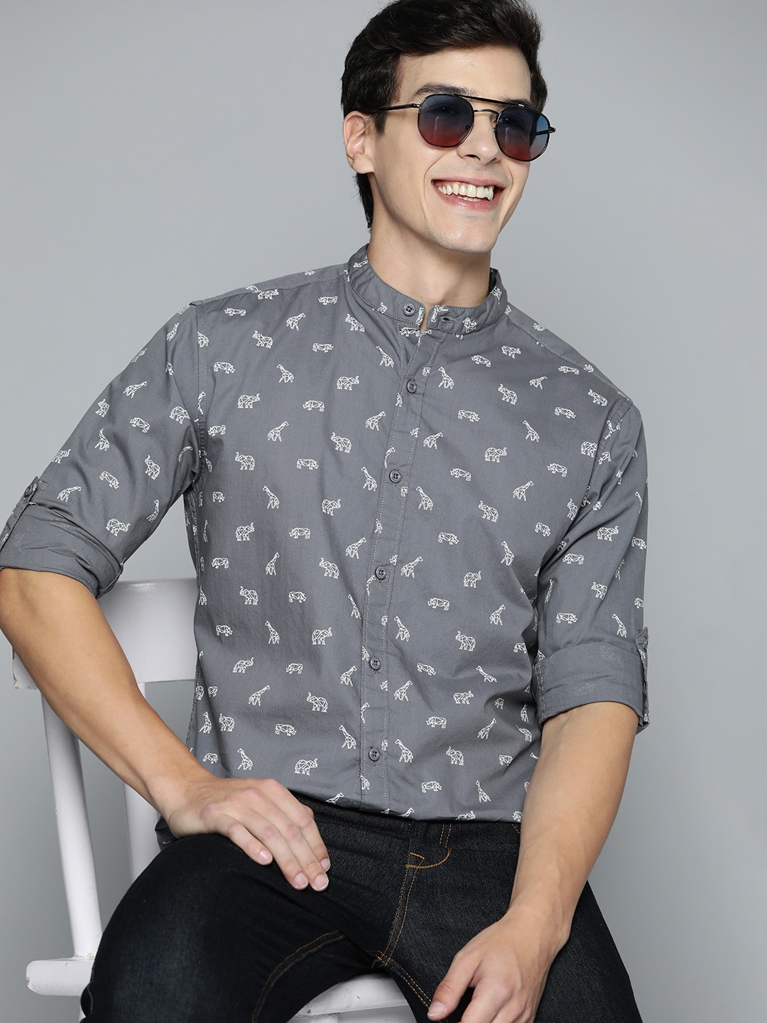 

HERE&NOW Pure Cotton Slim Fit Conversational Printed Casual Shirt, Grey