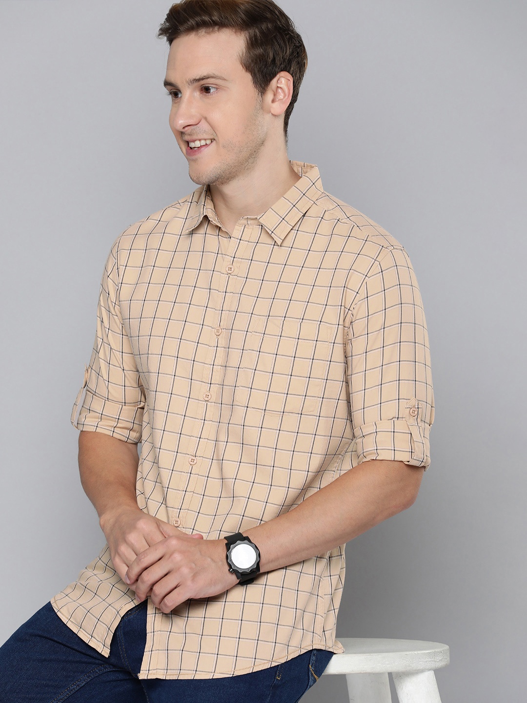 

HERE&NOW Slim Fit Checked Casual Shirt, Peach