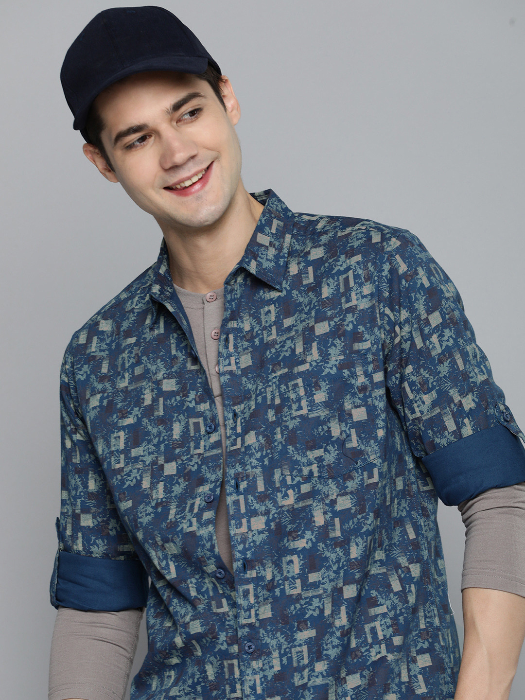 

HERE&NOW Men Pure Cotton Slim Fit Abstract Printed Casual Shirt, Blue