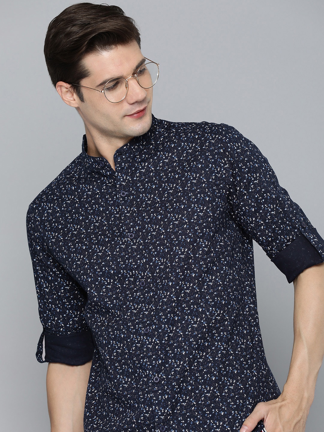 

HERE&NOW Floral Printed Slim Fit Pure Cotton Casual Shirt, Navy blue