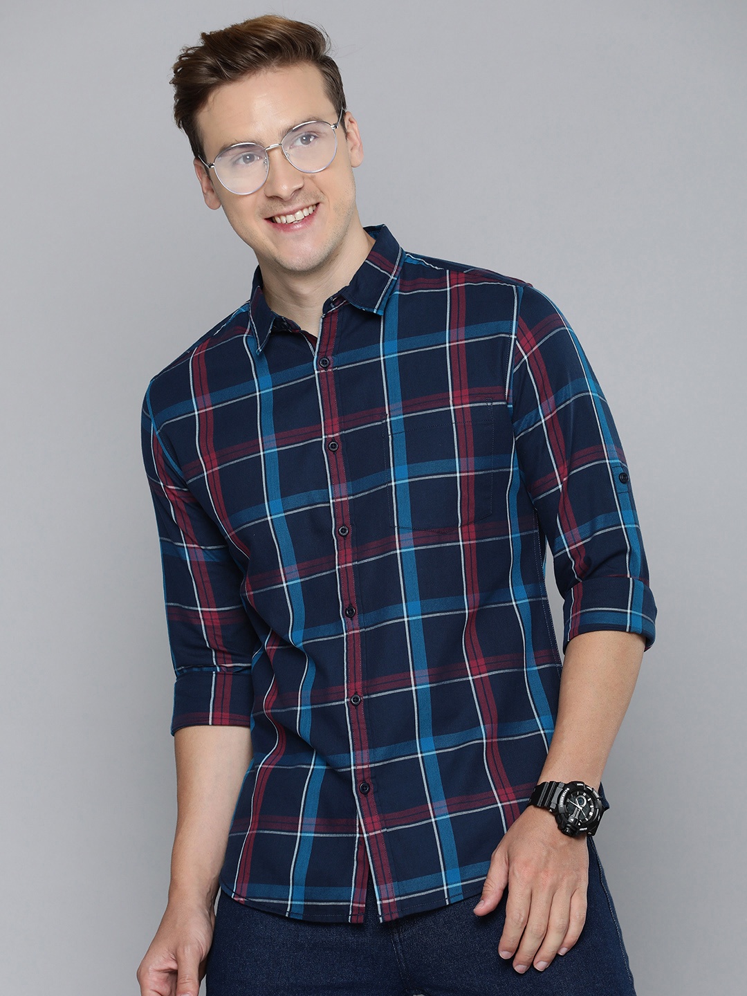 

HERE&NOW Slim Fit Checked Casual Shirt, Navy blue