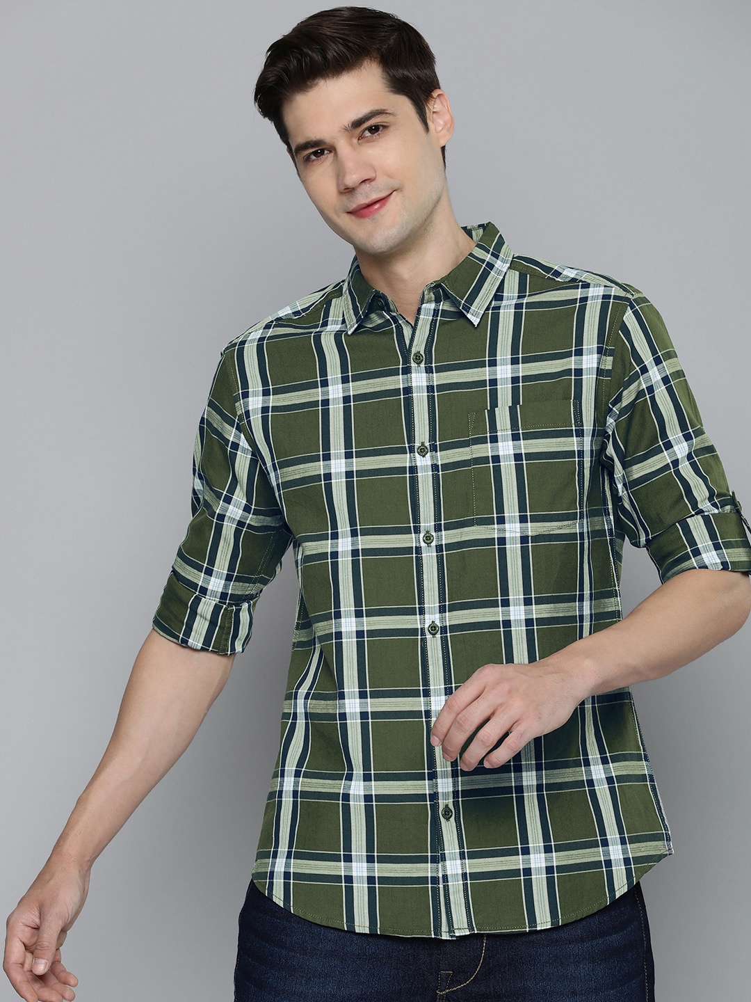 

HERE&NOW Men Pure Cotton Slim Fit Tartan Checks Casual Shirt, Olive