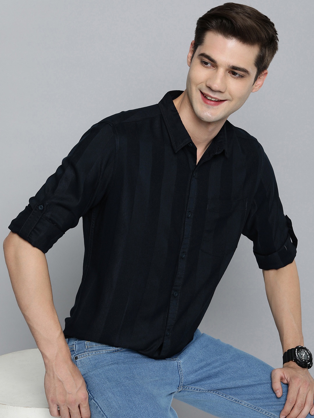 

HERE&NOW Men Slim Fit Striped Spread Collar Casual Shirt, Navy blue