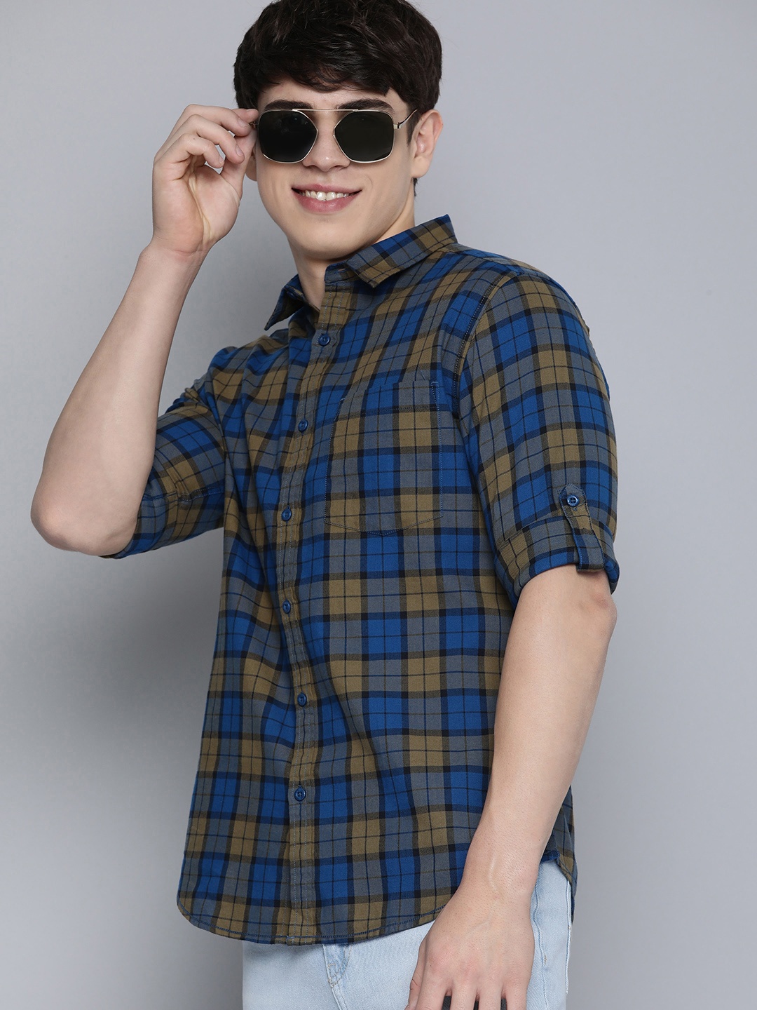 

HERE&NOW Slim Fit Checked Pure Cotton Casual Shirt, Blue