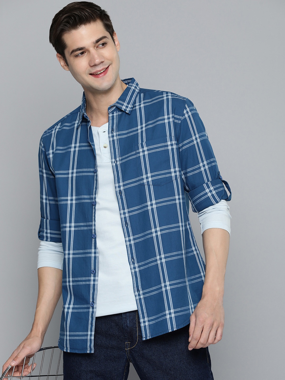 

HERE&NOW Men Pure Cotton Slim Fit Tartan Checks Casual Shirt, Blue