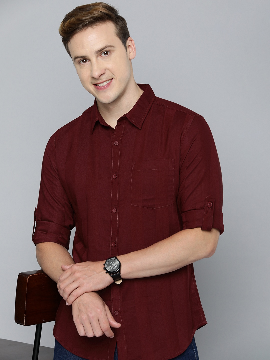 

HERE&NOW Men Slim Fit Striped Spread Collar Casual Shirt, Maroon