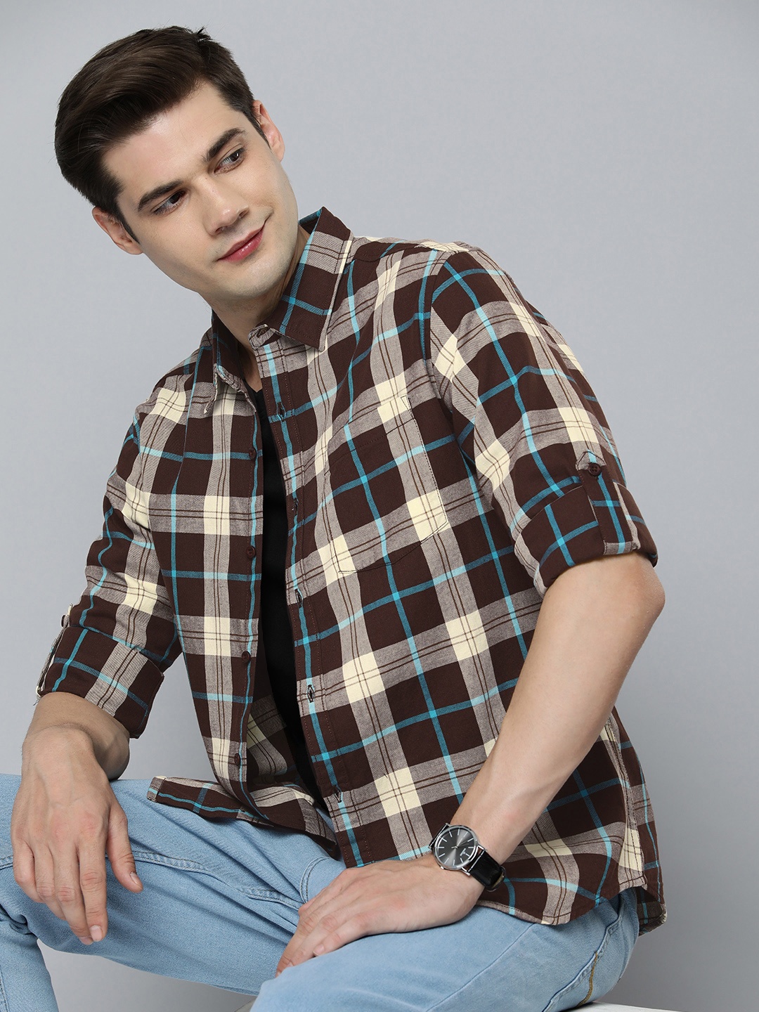 

HERE&NOW Men Pure Cotton Slim Fit Checked Casual Shirt, Brown