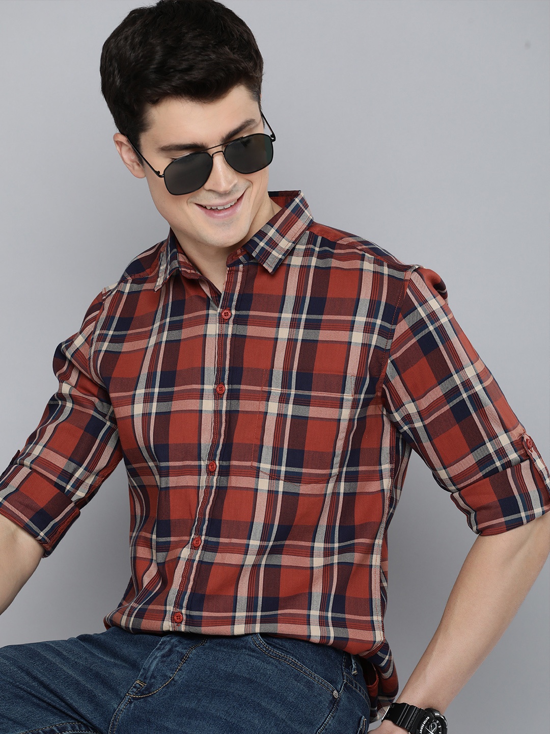 

HERE&NOW Men Slim Fit Tartan Checks Opaque Casual Shirt With Chest Pocket, Rust