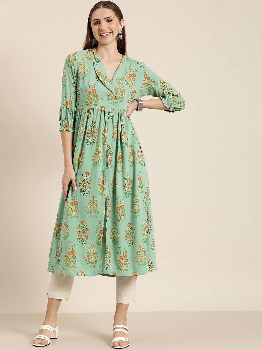 

Moda Rapido Floral Print Shawl Neck Pleated High Front Slit A-Line Kurta, Green