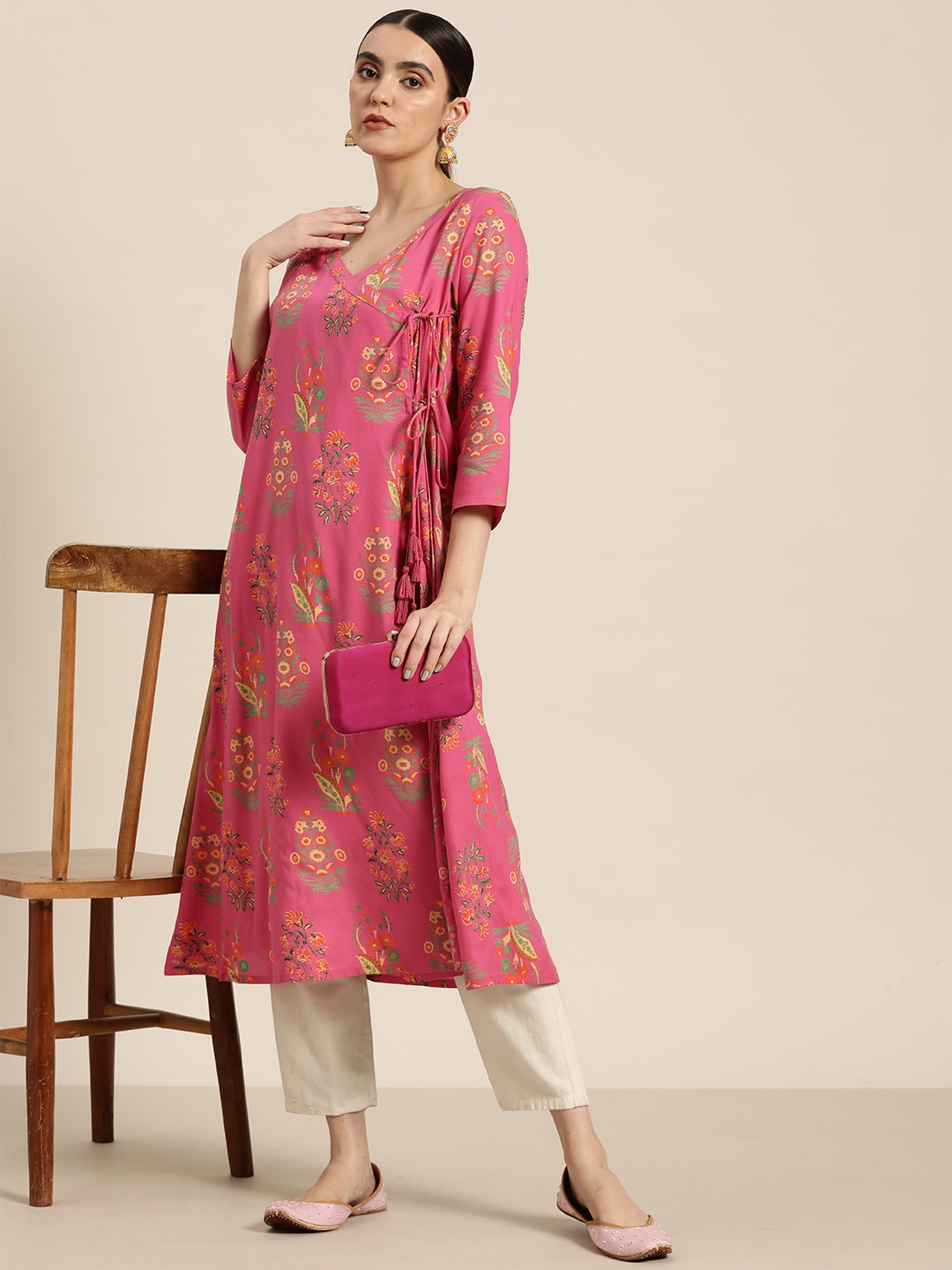 

Moda Rapido Women Ethnic Motifs Printed Angrakha Kurta, Pink
