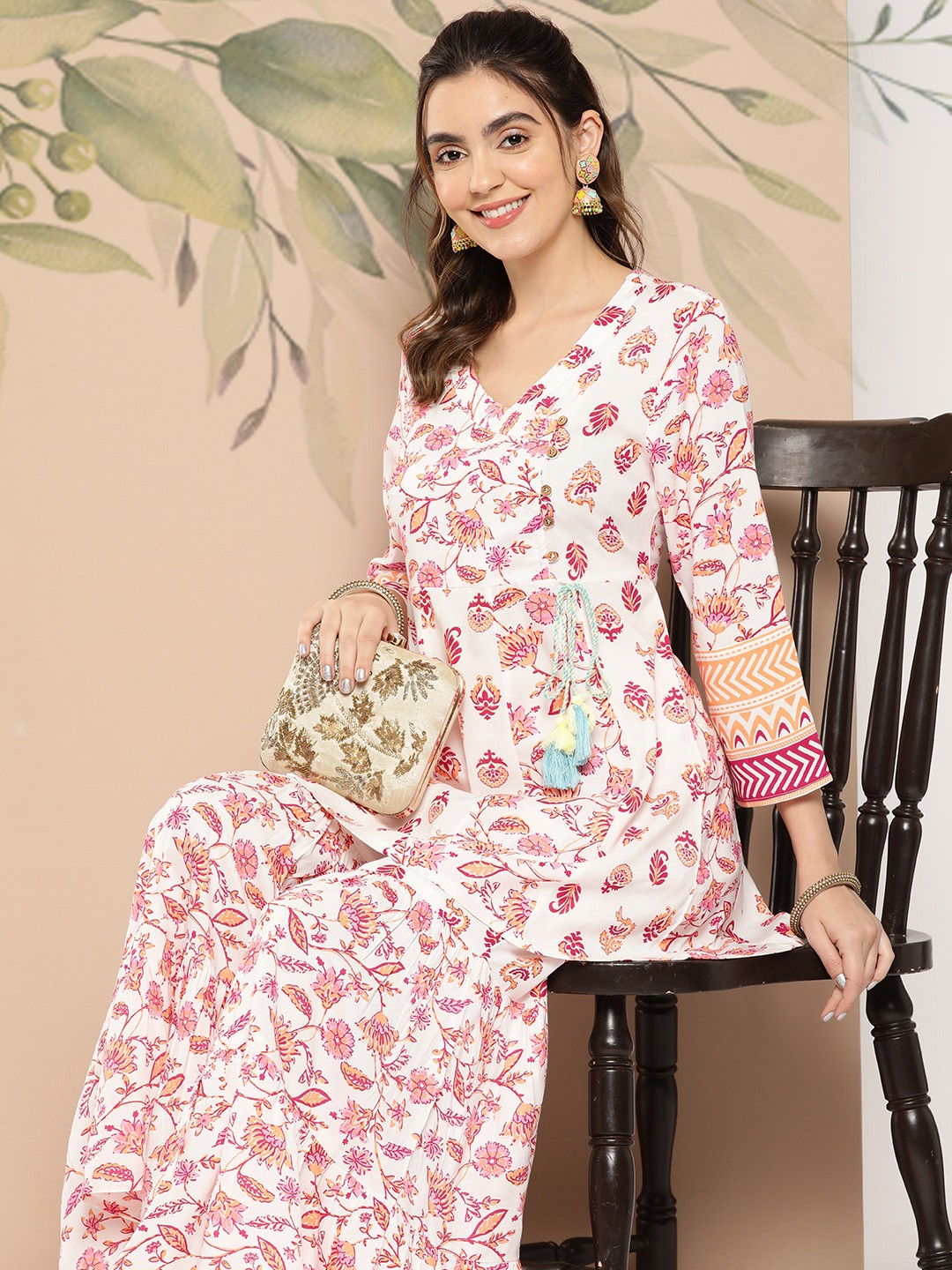 

HERE&NOW Ethnic Motifs Printed Angrakha Kurti with Sharara, White