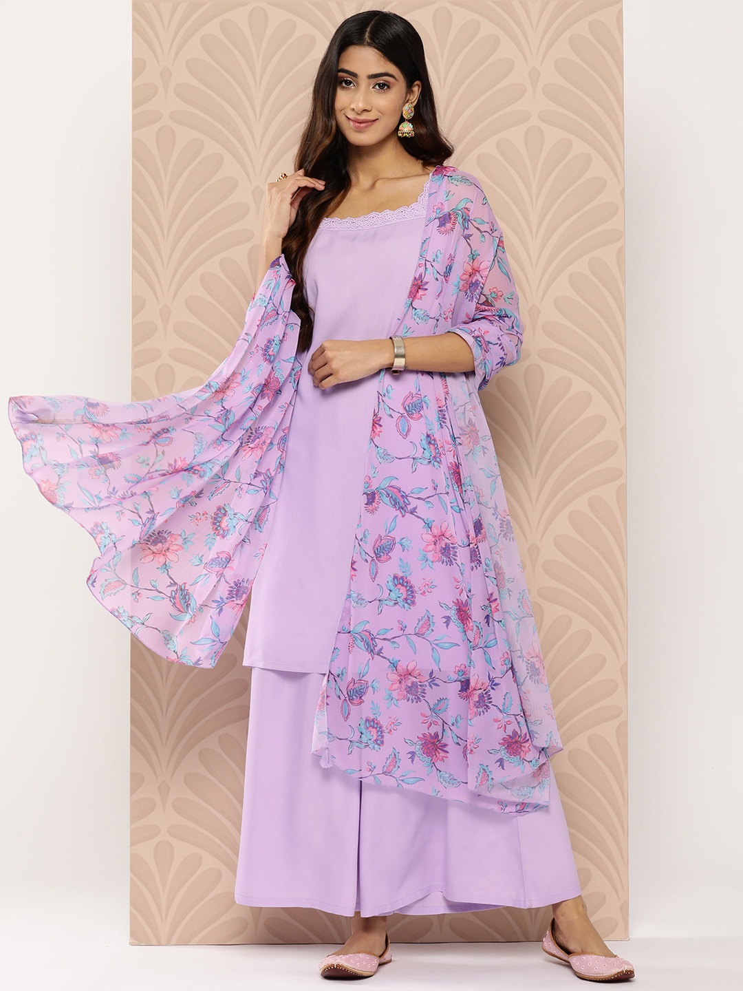 

HERE&NOW Lace Detail Kurta with Palazzos & Printed Dupatta, Lavender