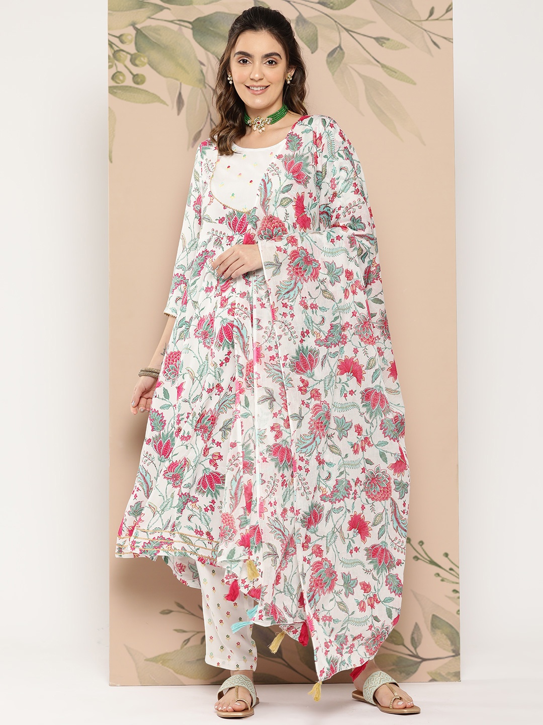 

HERE&NOW Ethnic Motifs Printed Panelled Gotta Patti Kurta with Trousers & With Dupatta, White