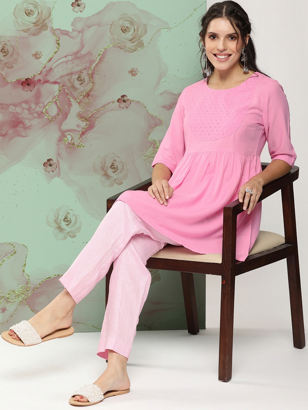 

HERE&NOW Round Neck Gathered & Pleated Detail A-Line Kurti, Pink