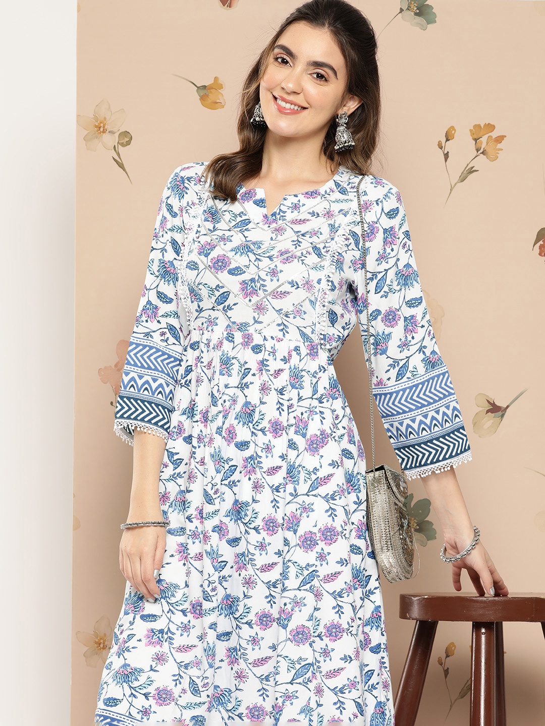 

HERE&NOW Women Floral Printed Gotta Patti A-Line Kurta, White