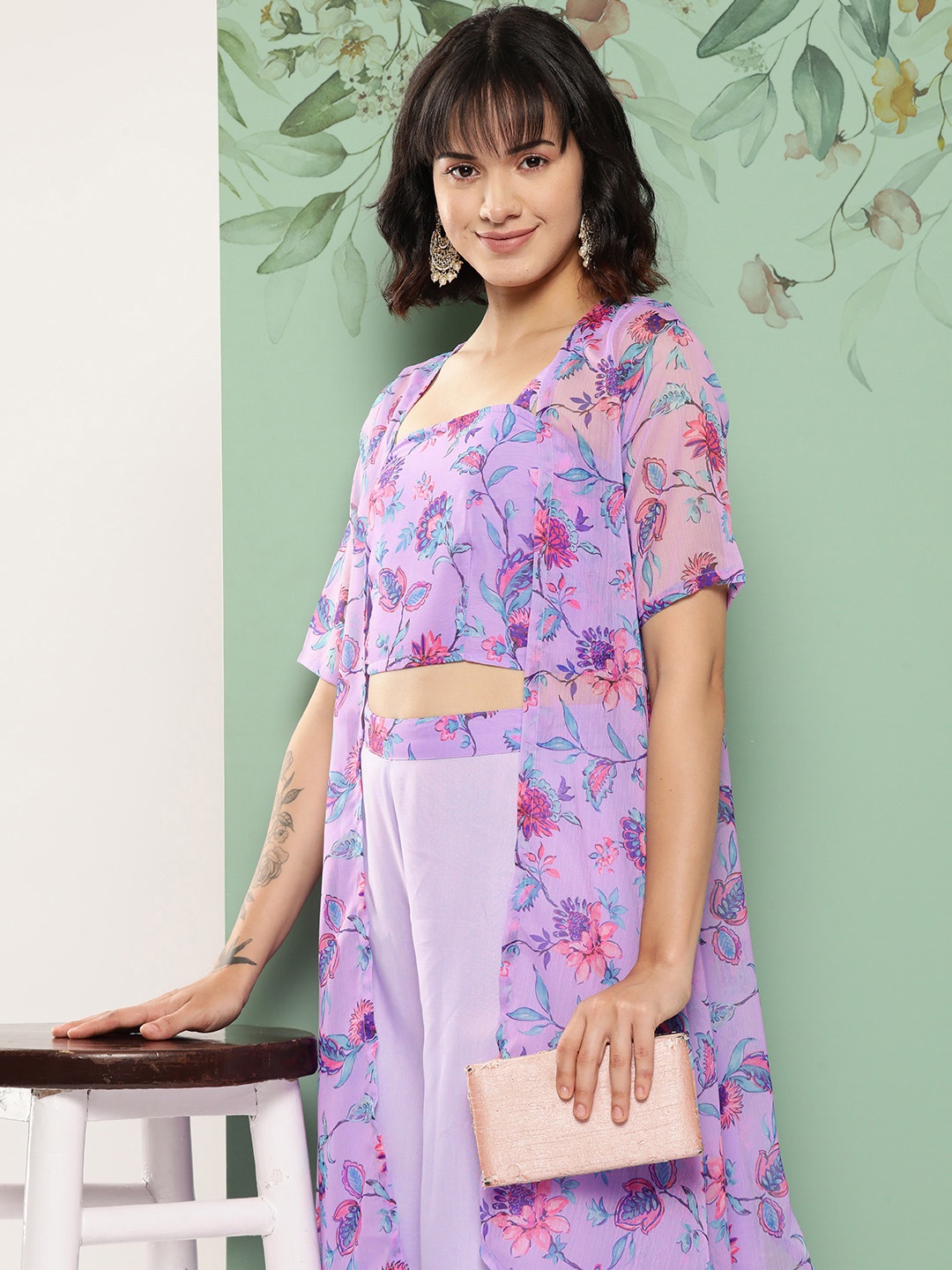 

HERE&NOW Floral Print Co-Ords with Shrug, Purple