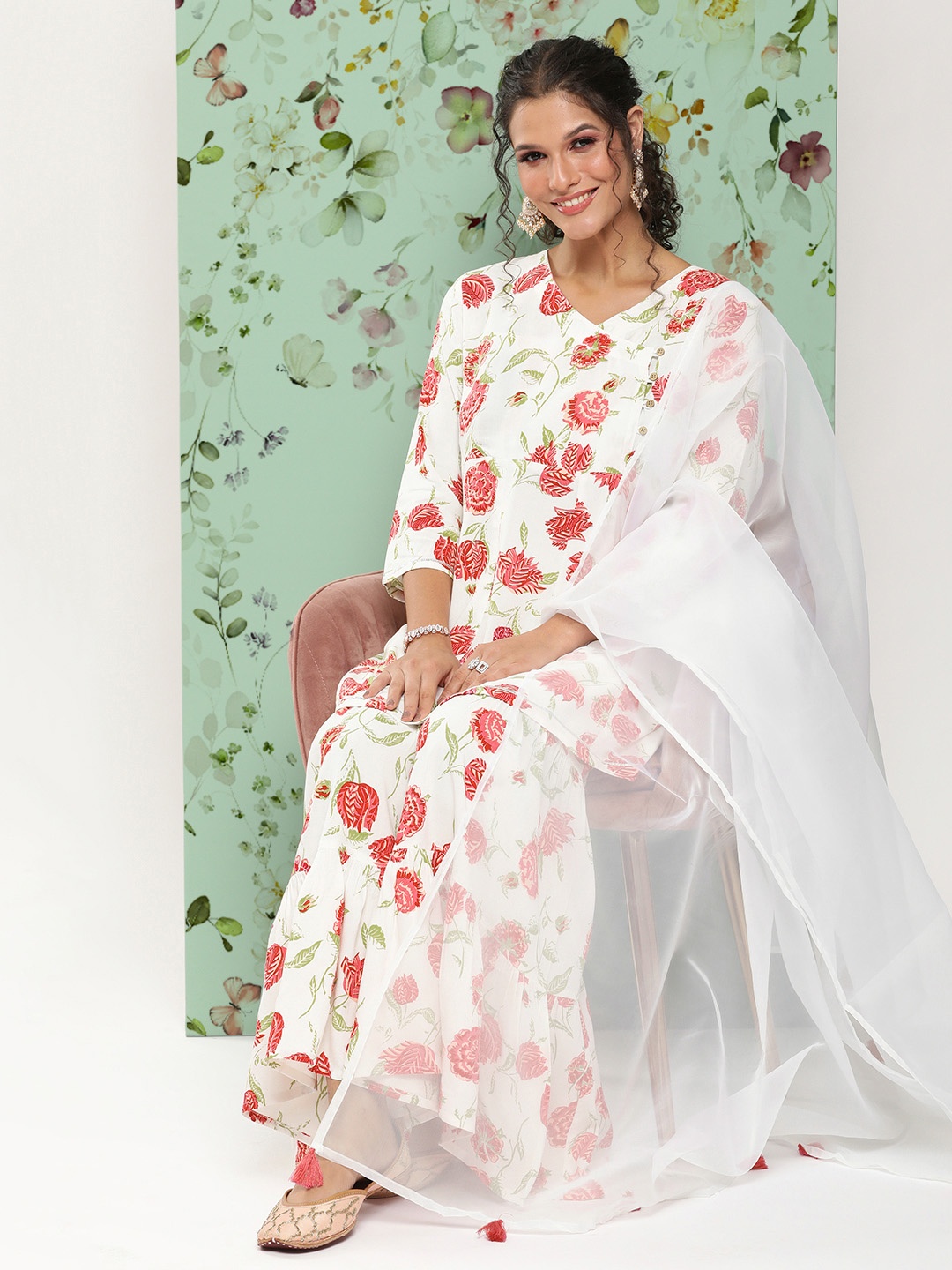 

HERE&NOW Women Floral Printed Angrakha Kurti with Sharara & With Dupatta, White