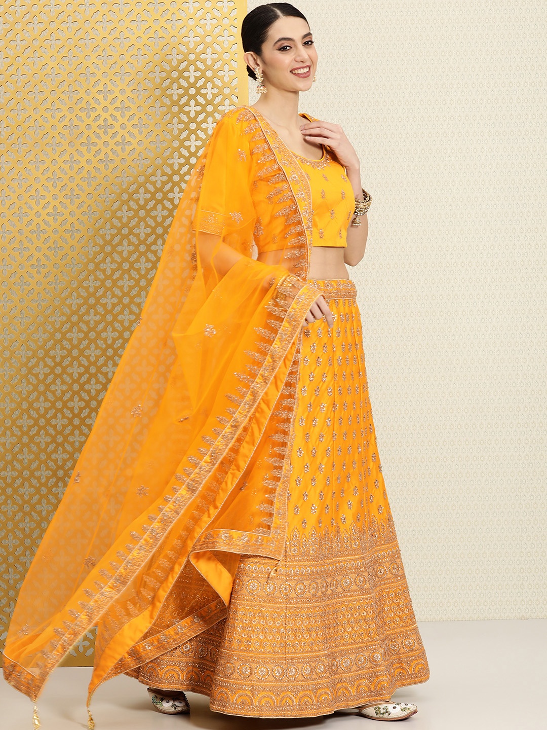 

House of Pataudi Jashn Embellished Beads and Stones Zari Work Ready to Wear Lehenga Choli, Orange