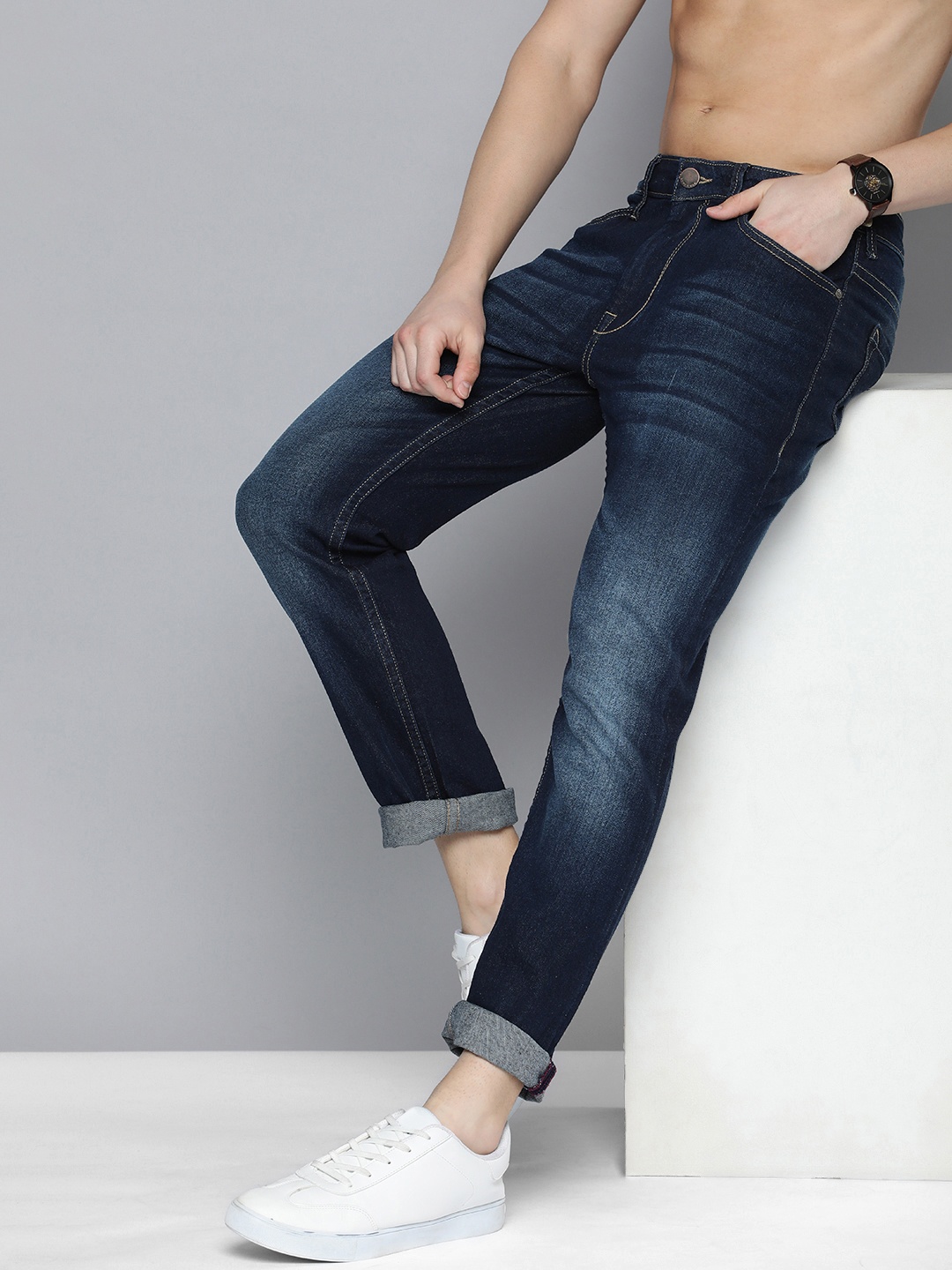 

HERE&NOW Men Slim Fit Heavy Fade Stretchable Jeans, Blue