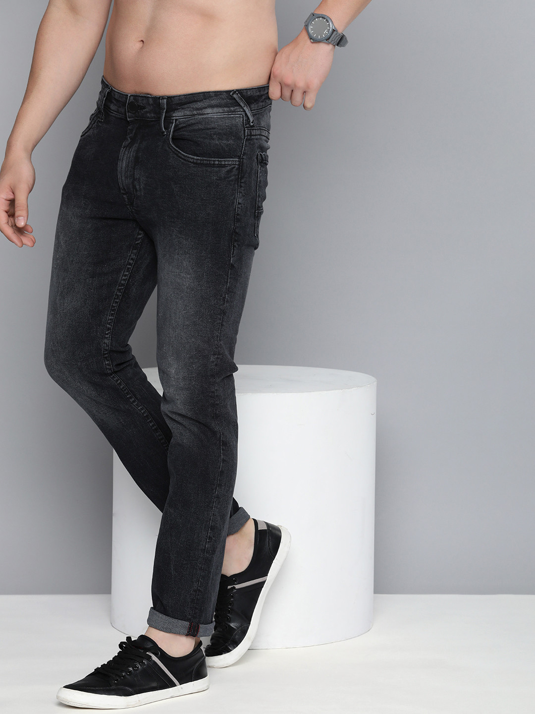 

HERE&NOW Men Slim Fit Heavy Fade Stretchable Jeans, Black