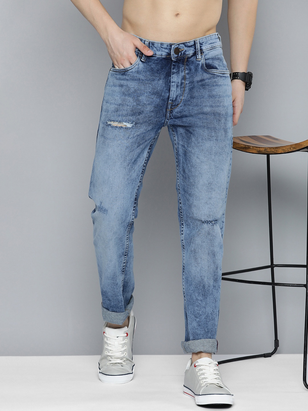 

HERE&NOW Men Slim Fit Low Distress Heavy Fade Acid Wash Stretchable Jeans, Blue