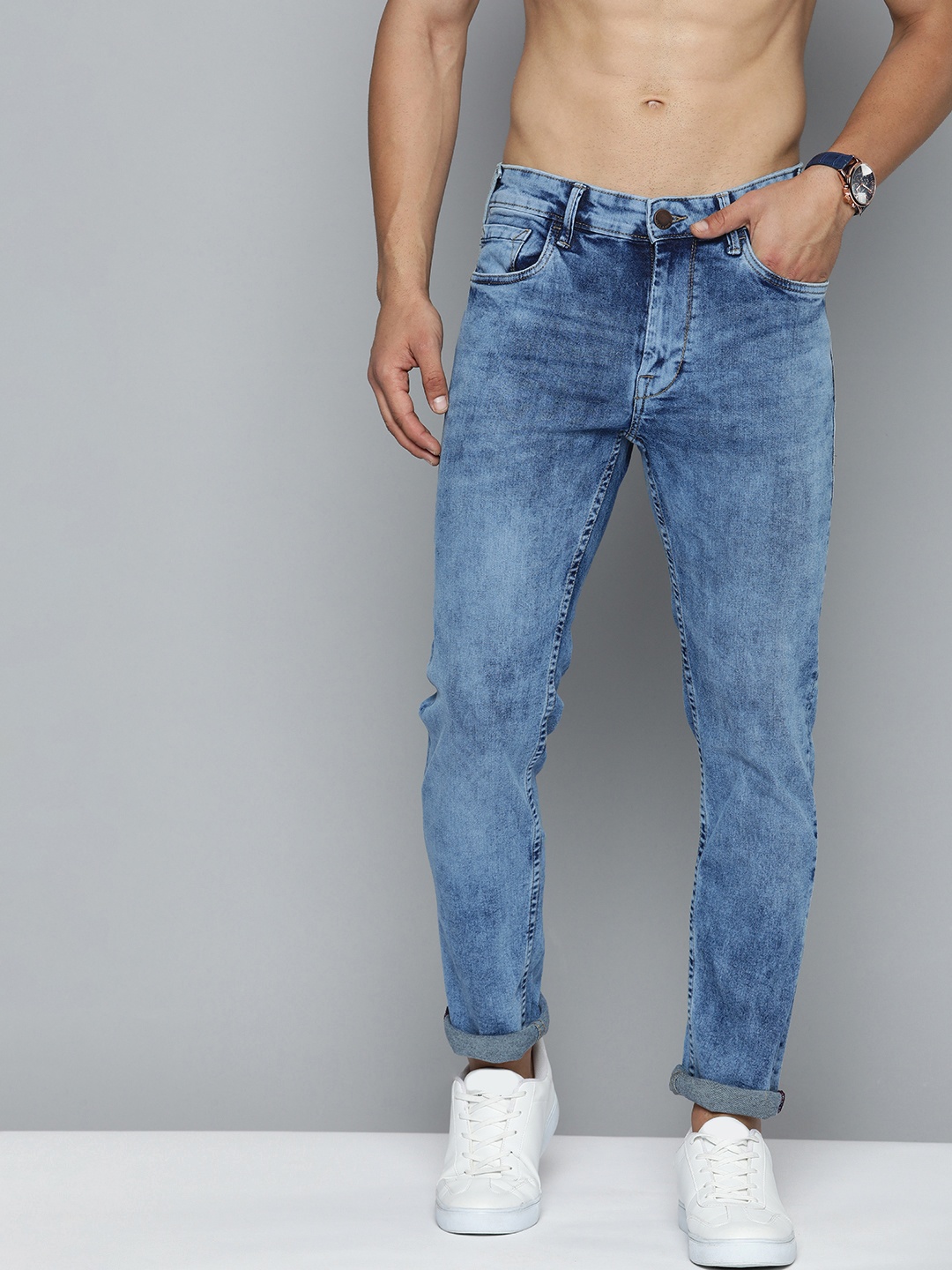 

HERE&NOW Men Slim Fit Heavy Fade Acid Wash Stretchable Mid-Rise Jeans, Blue