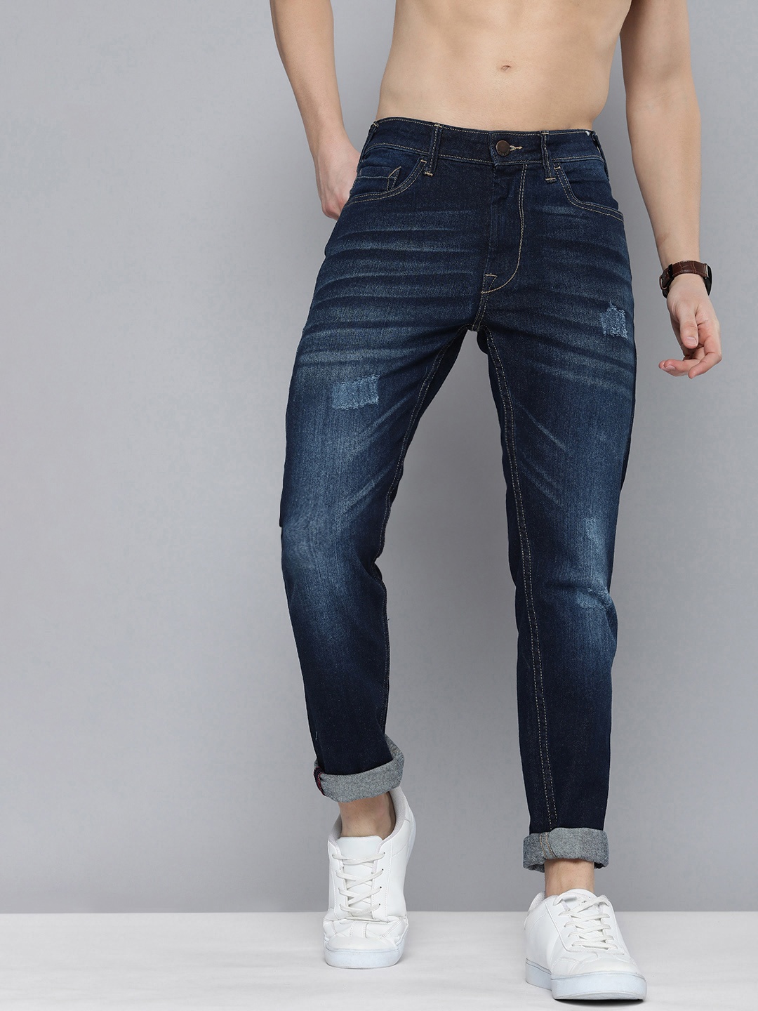 

HERE&NOW Men Slim Fit Mildly Distressed Heavy Fade Stretchable Jeans, Blue