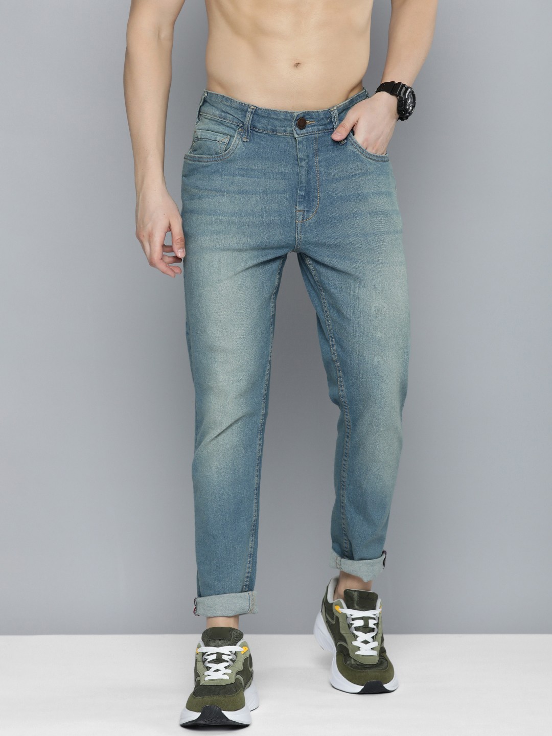 

HERE&NOW Men Mid Rise Tapered Fit Heavy Fade Stretchable Jeans, Blue