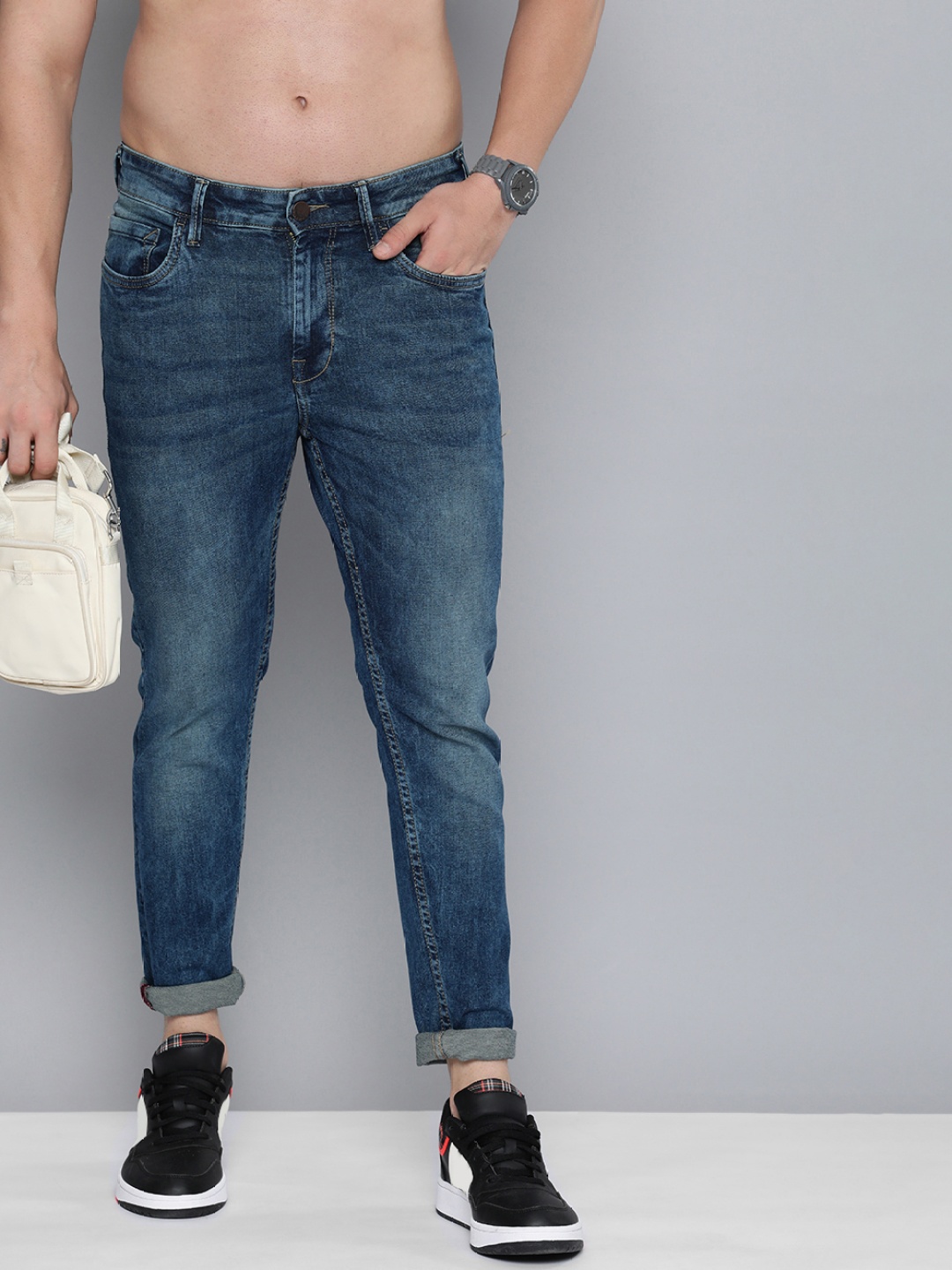 

HERE&NOW Men Tapered Fit Heavy Fade Stretchable Jeans, Blue