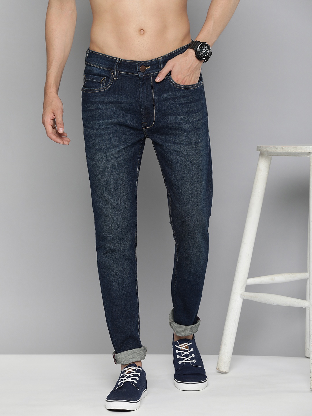 

HERE&NOW Men Skinny Fit Light Fade Stretchable Mid-Rise Jeans, Blue