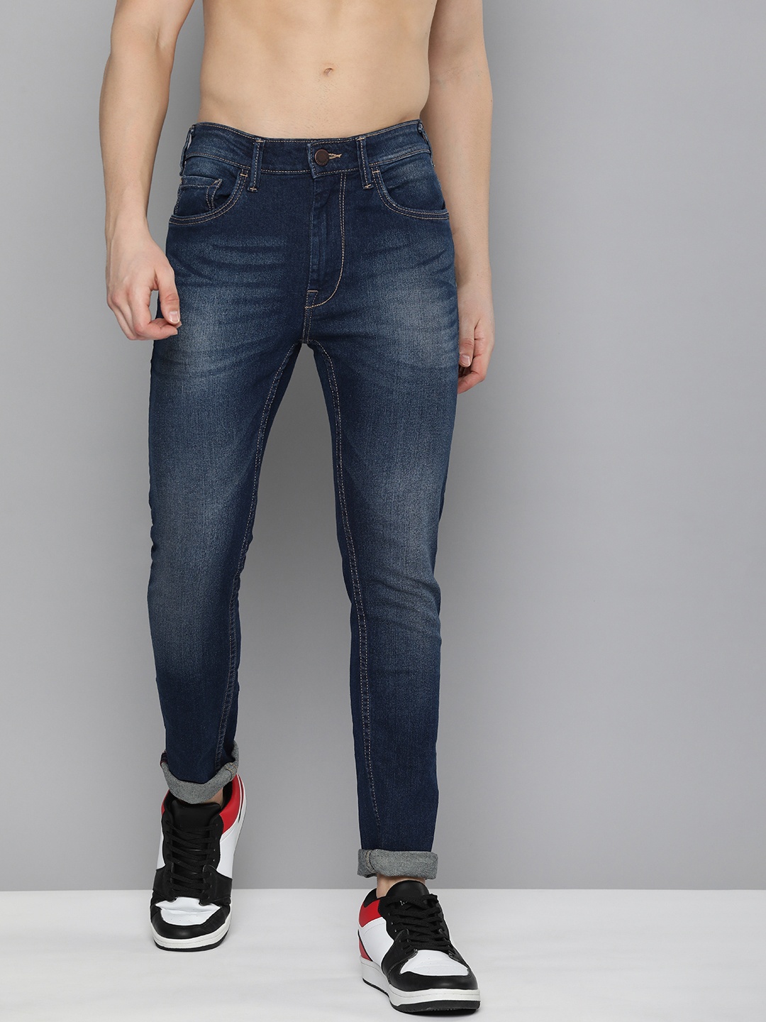 

HERE&NOW Men Skinny Fit Light Fade Stretchable Mid-Rise Jeans, Blue