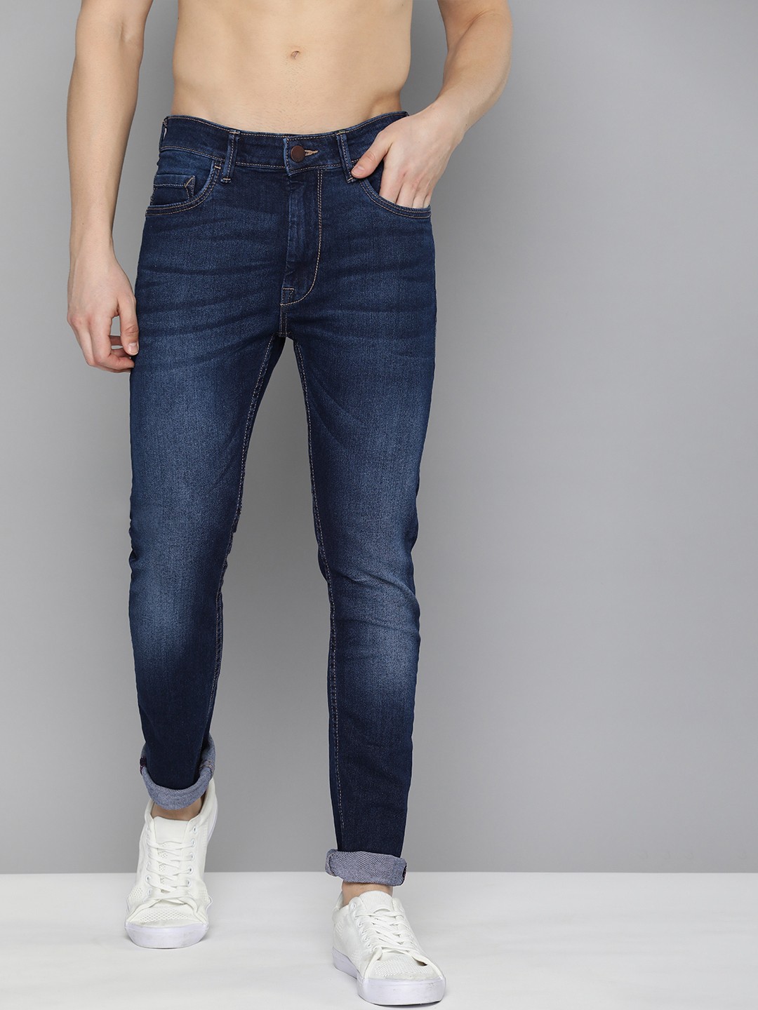 

HERE&NOW Men Skinny Fit Light Fade Stretchable Mid-Rise Jeans, Blue