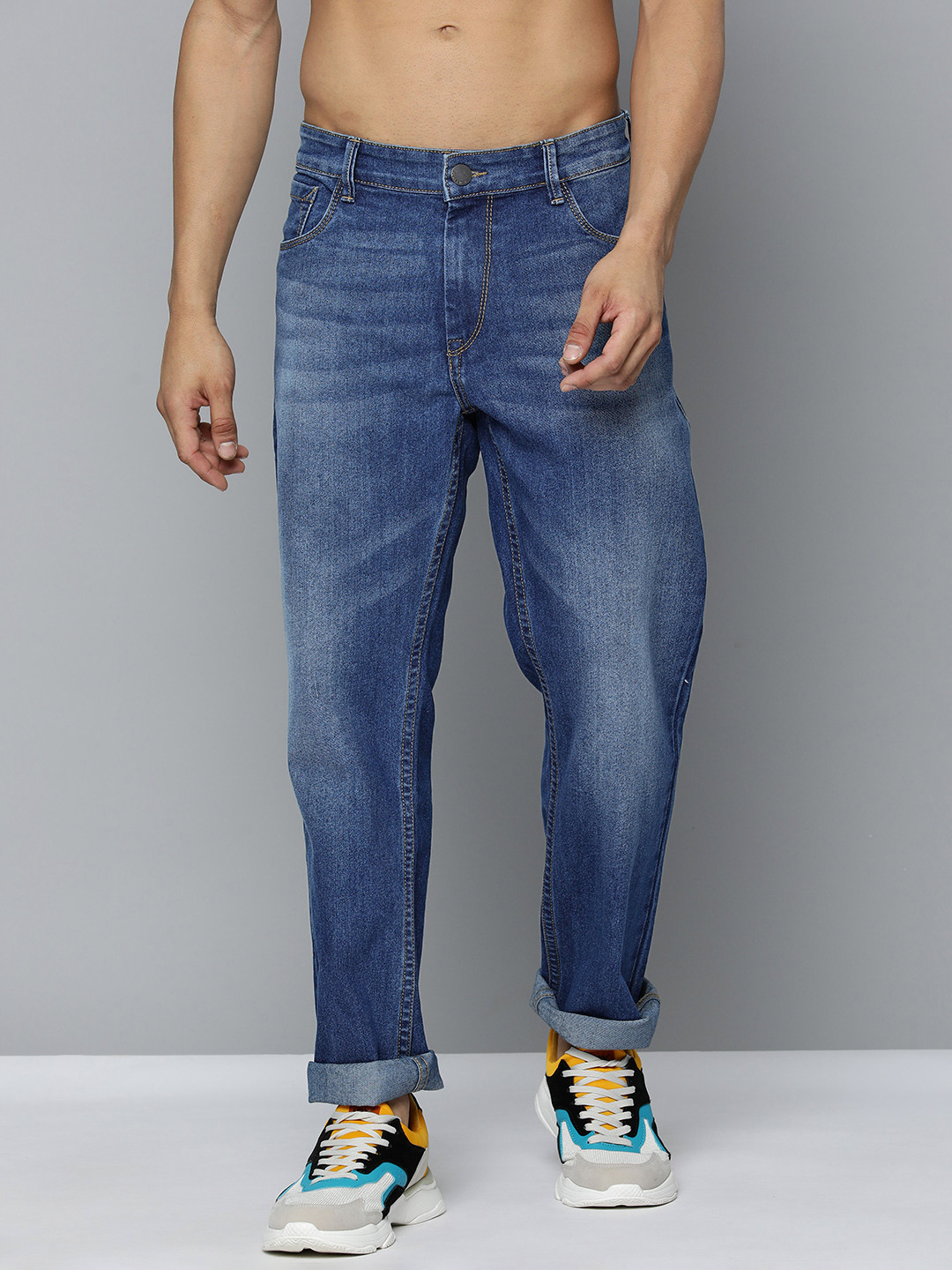

HERE&NOW Men Slim Fit Light Fade Stretchable Jeans, Navy blue