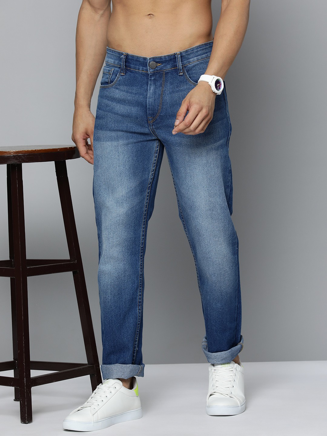 

HERE&NOW Men Slim Fit Light Fade Stretchable Jeans, Navy blue
