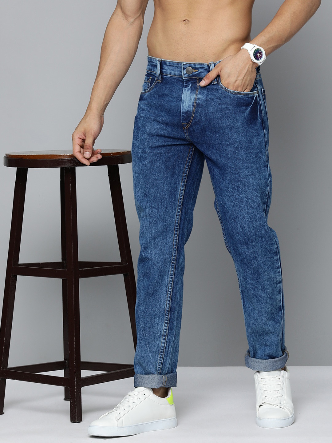 

HERE&NOW Men Slim Fit Light Fade Stretchable Jeans, Navy blue