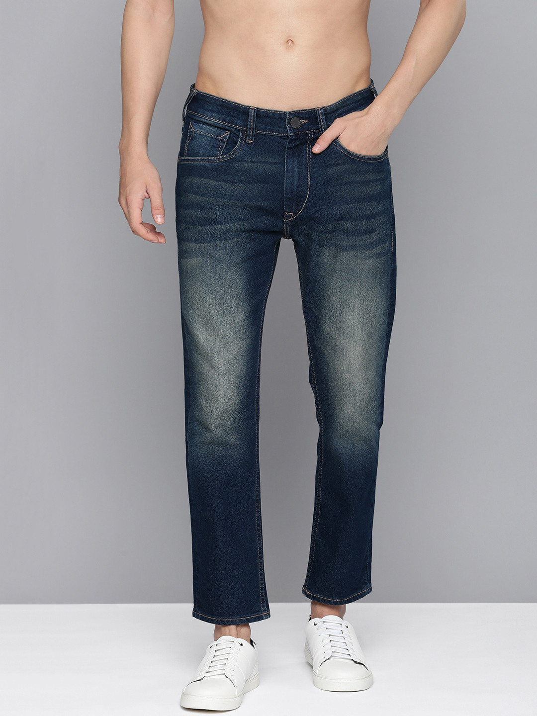 

HERE&NOW Men Slim Fit Heavy Fade Mid-Rise Stretchable Jeans, Blue