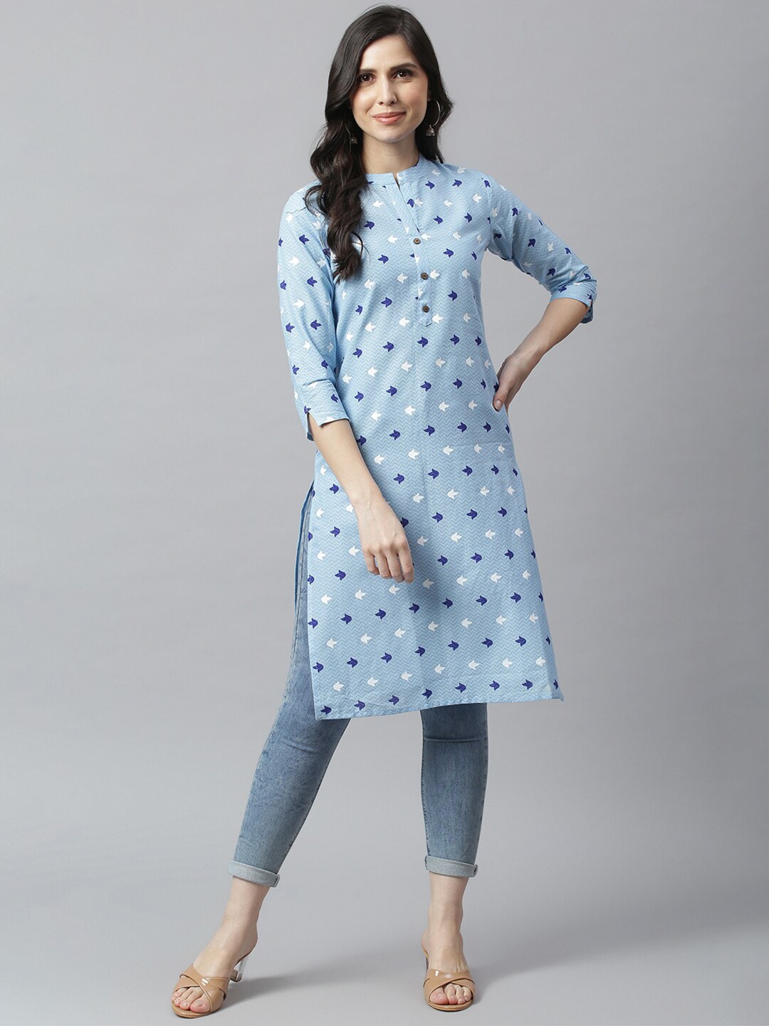 

METRO-FASHION Women Floral Printed Cotton Kurta, Blue