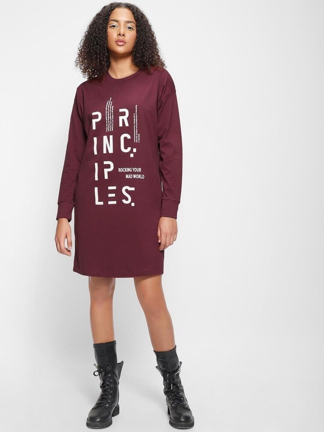 

Bewakoof Typography Cotton T-shirt Dress, Maroon