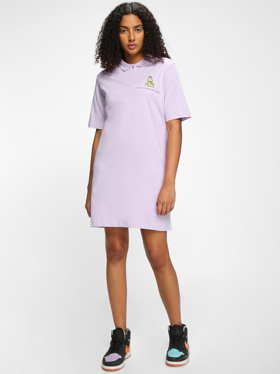 Bewakoof Short Sleeves Cotton Shirt Collar Oversized T-shirt Dress, Purple
