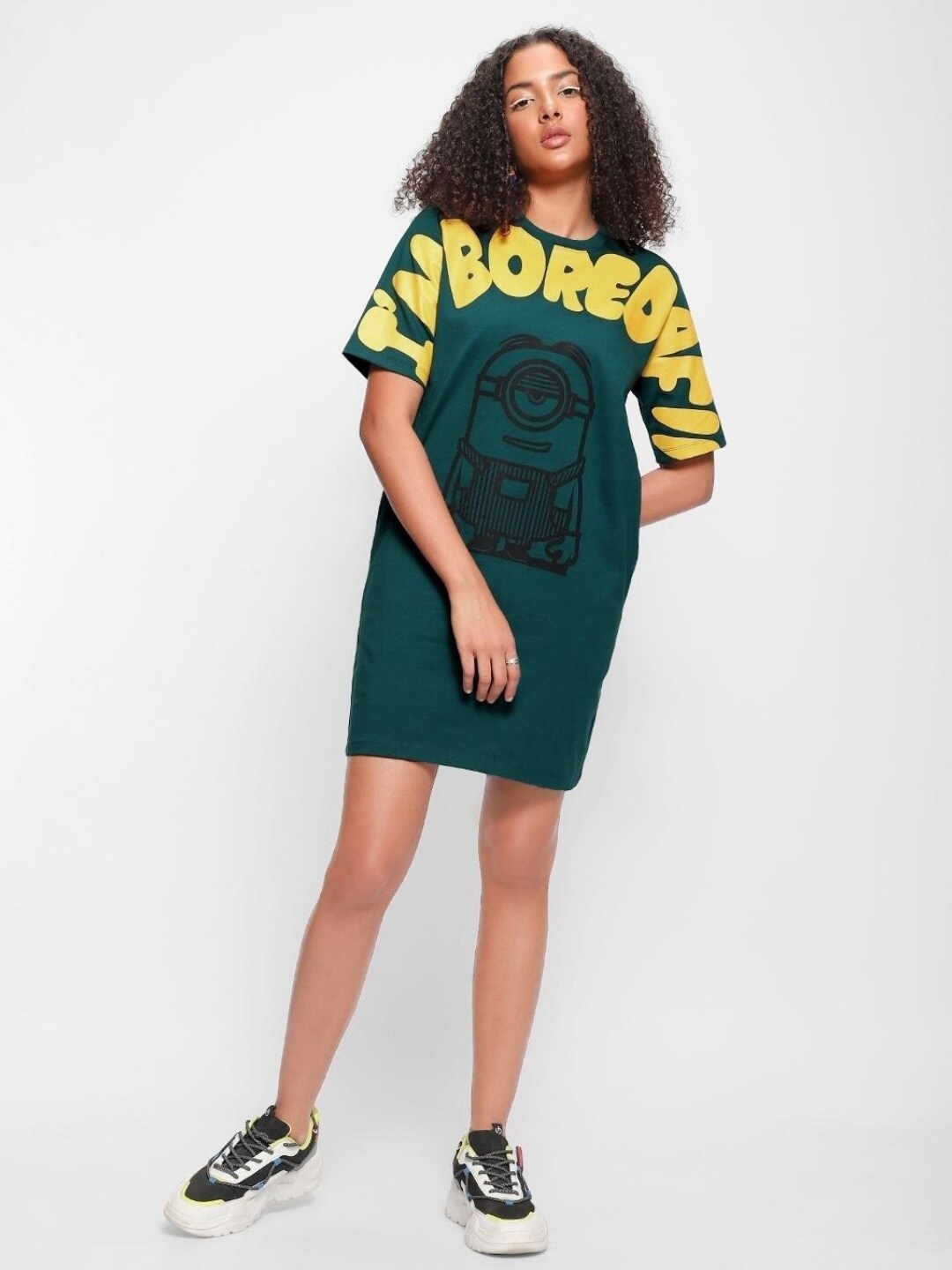 

Bewakoof Typography Minion Printed T-shirt Cotton Oversized Mini Dress, Green