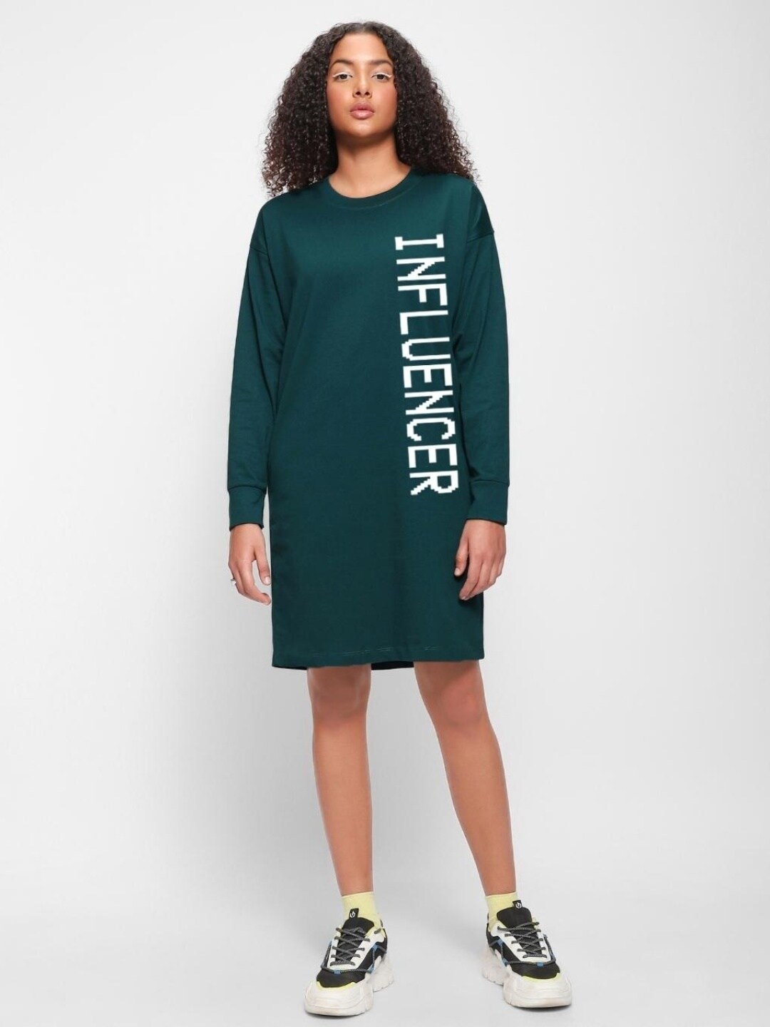 

Bewakoof Typography Cotton T-shirt Dress, Green