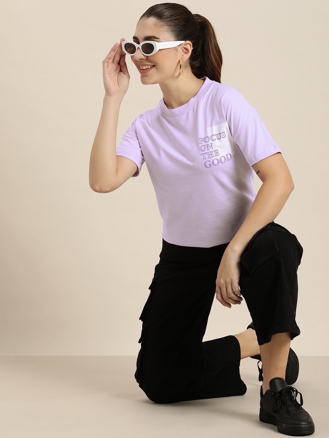 

HERE&NOW Typography Printed Pure Cotton T-shirt, Lavender