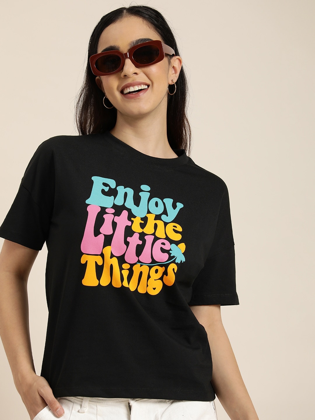 HERE&NOW Graphic Typography Printed Pure Cotton T-shirt, Black
