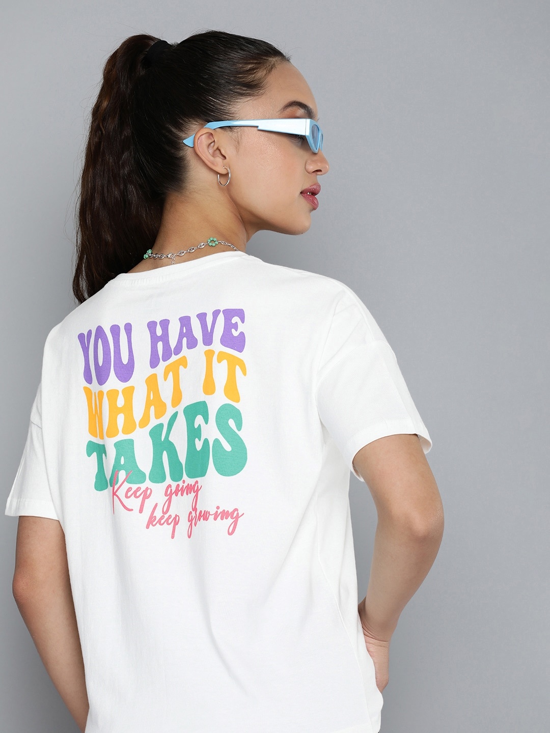 

HERE&NOW Graphic Typography Printed Drop-Shoulder Sleeves Pure Cotton T-shirt, White