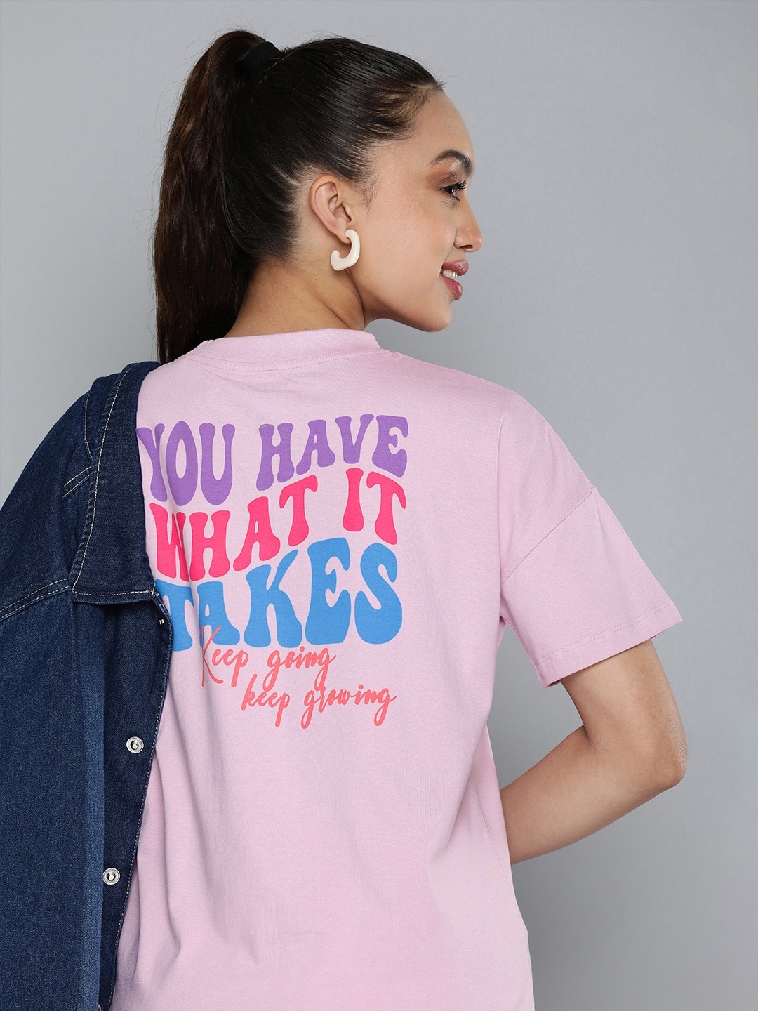 

HERE&NOW Graphic Typography Printed Drop-Shoulder Sleeves Pure Cotton T-shirt, Lavender