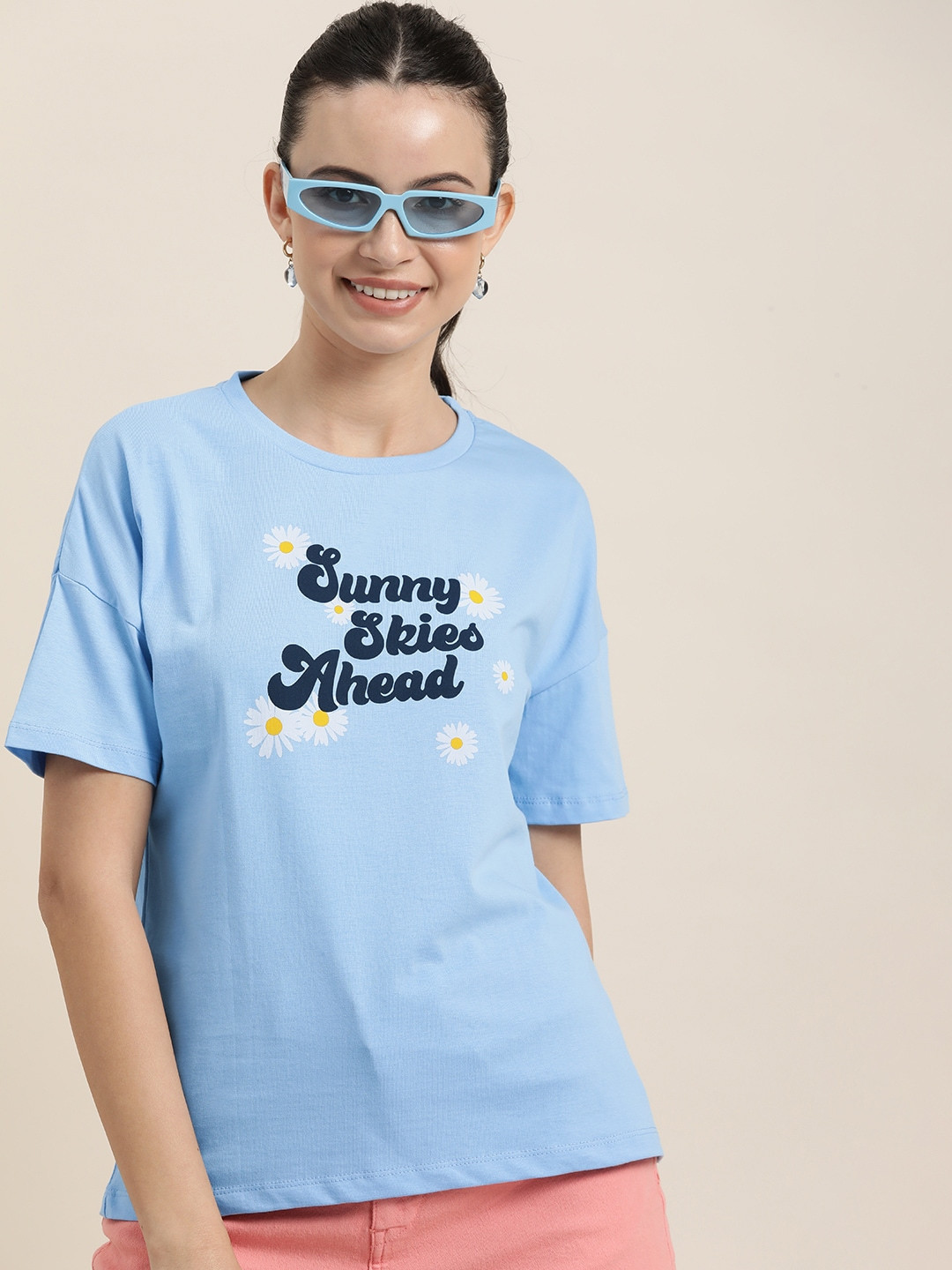 

HERE&NOW Typography Printed Drop-Shoulder Sleeves Pure Cotton T-shirt, Blue