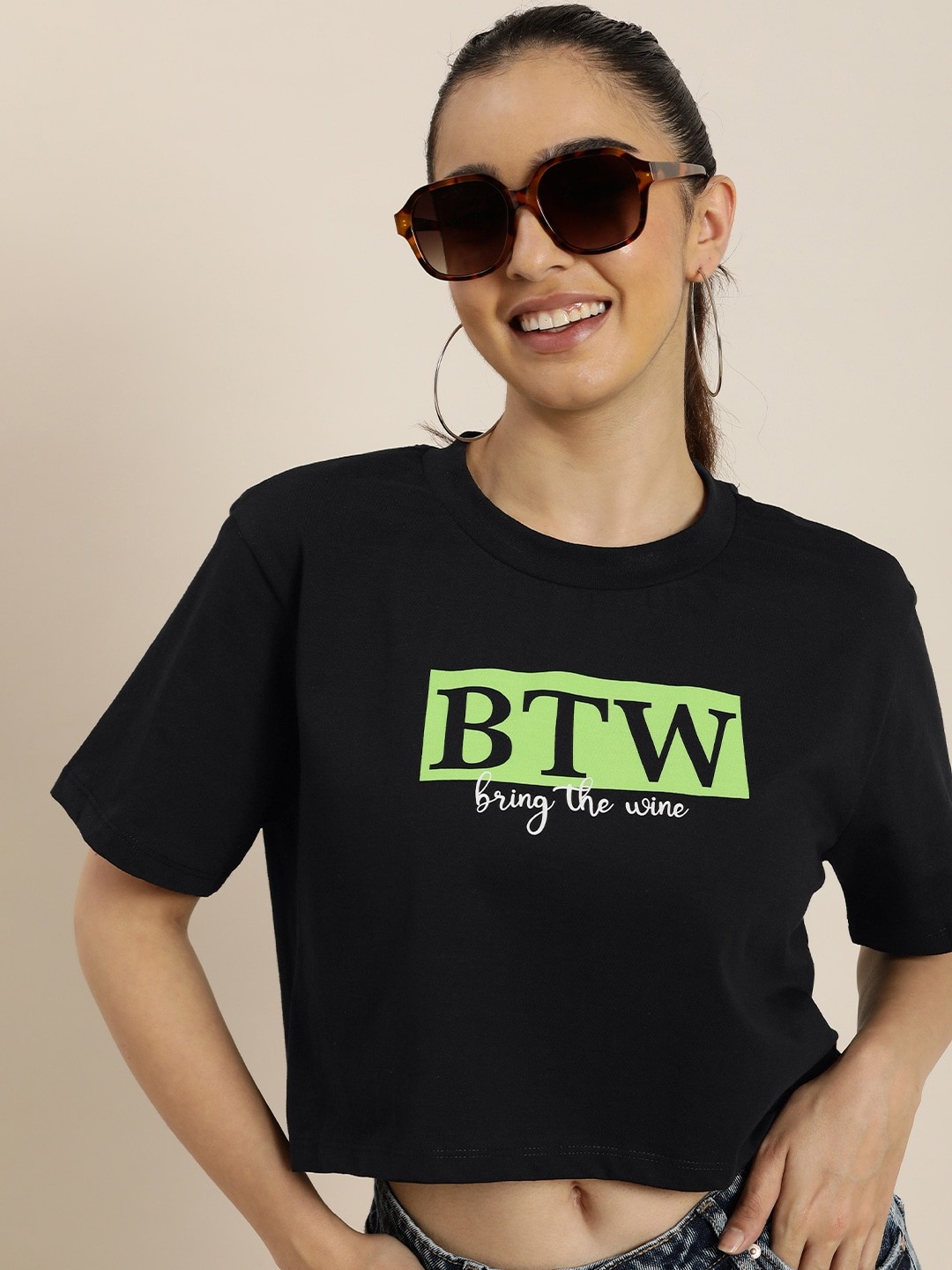 

HERE&NOW Typography Graphic Printed Drop-Shoulder Sleeves Pure Cotton T-shirt, Black