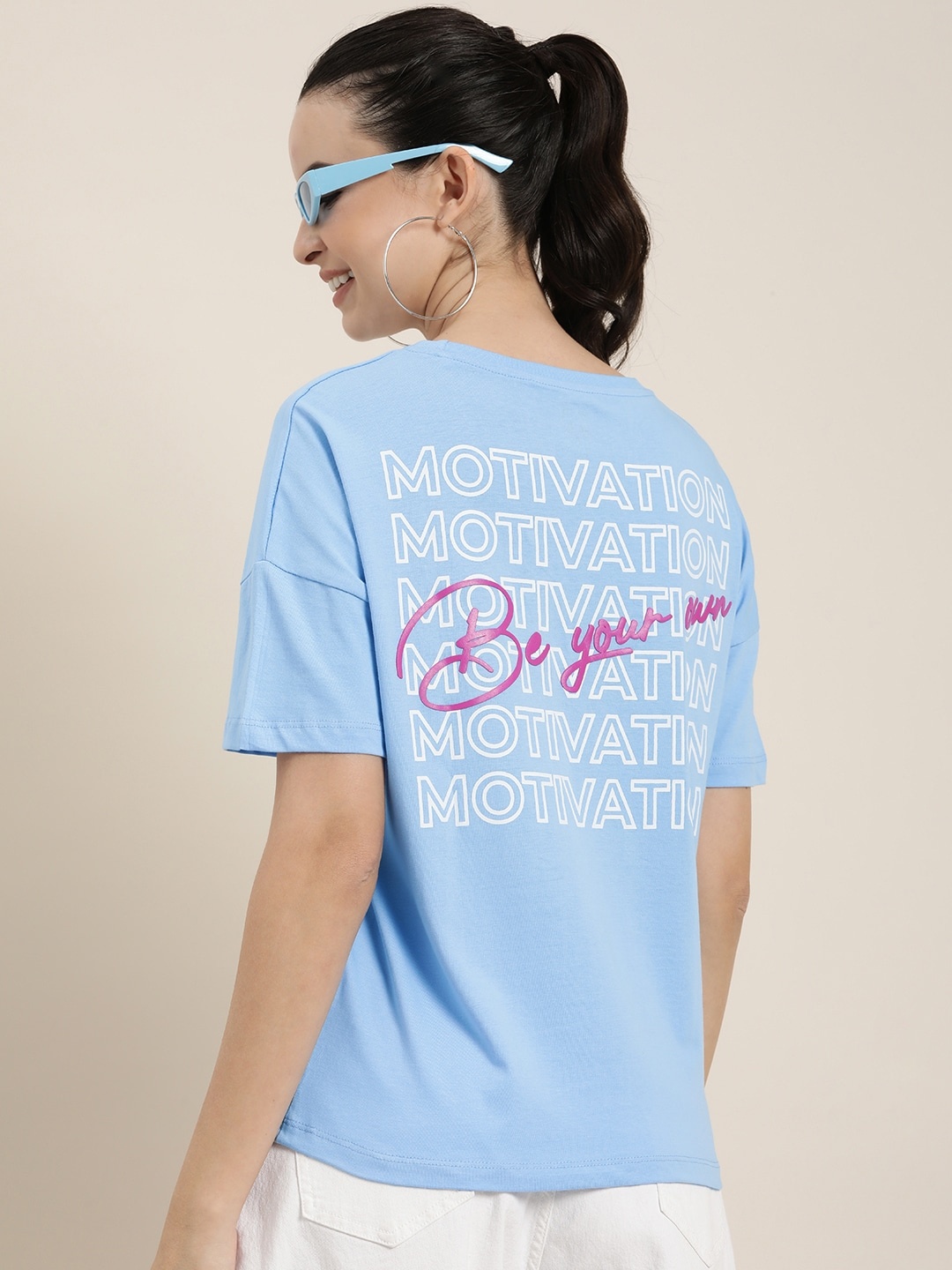 

HERE&NOW Typography Printed Drop-Shoulder Sleeves Pure Cotton Applique T-shirt, Blue