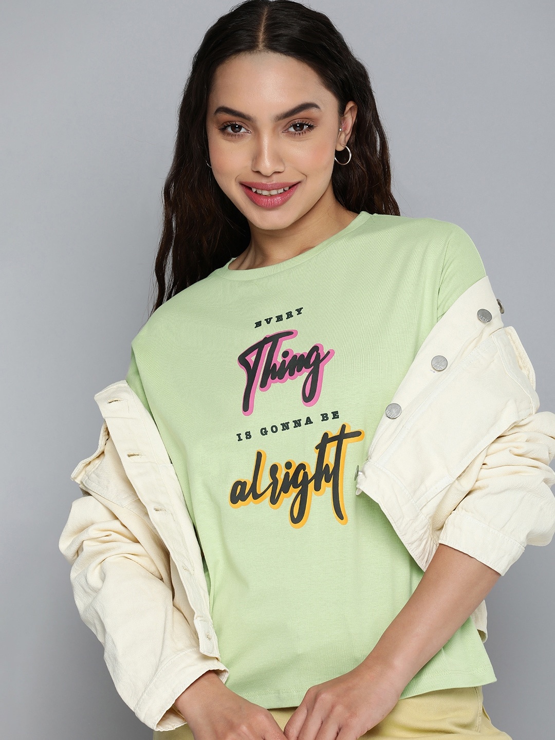 

HERE&NOW Typography Printed Pure Cotton T-shirt, Green