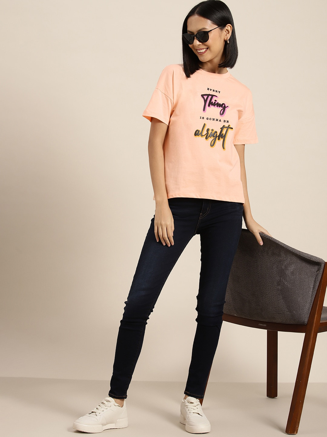 

HERE&NOW Typography Printed Drop-Shoulder Pure Cotton T-shirt, Peach